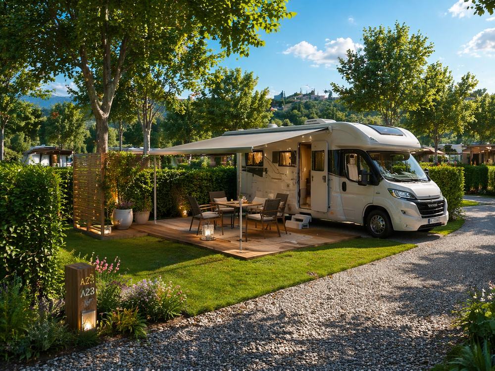 Piazzola attrezzata con camper, veranda e area pranzo esterna, immersa nel verde