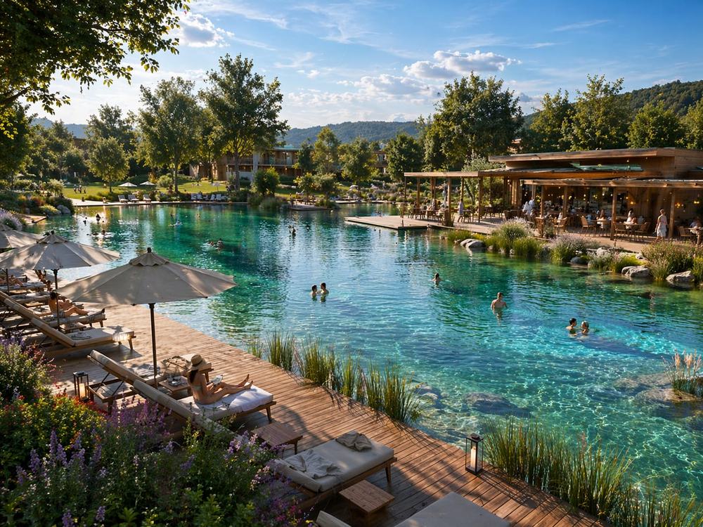 Piscina naturale e lago balneabile del resort, con solarium in legno e ospiti che nuotano al tramonto